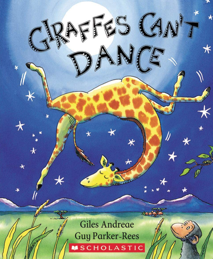 Cover image for Giraffes Can't Dance featuring an illustration of a giraffe doing a sort of flip in the air while a little monkey watches