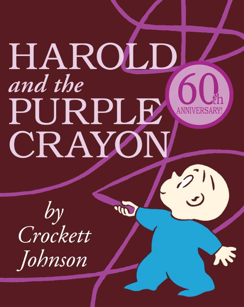 Illustrated book cover for Harold and the Purple Crayon that features an illustration of a young boy drawing lines with a purple crayon. He is wearing blue pajamas.