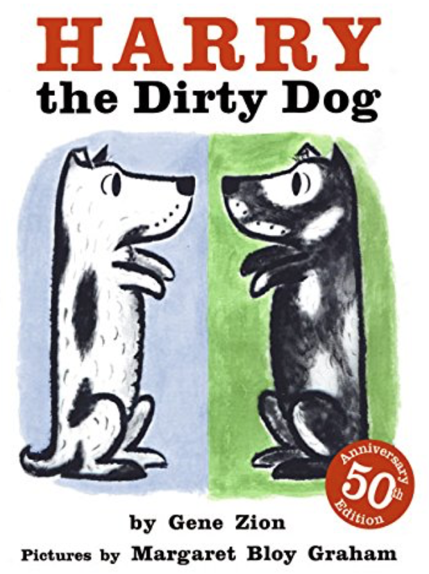 Illustrated book cover for Harry the Dirty Dog featuring a dog facing his mirror image. The dog on the left is white with black spots on a blue background. The dog on the right is black with white spots on a green background.