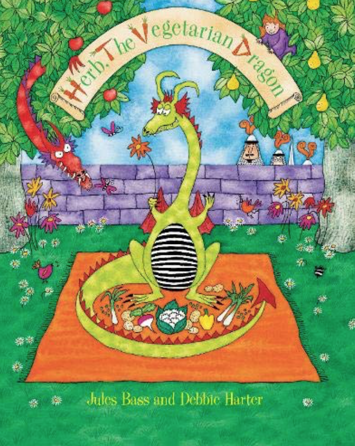 Cover image for Herb, the Vegetarian Dragon featuring an illustration of a green dragon seated on an orange blanket. It's sitting in front of a purple wall and is between two trees.