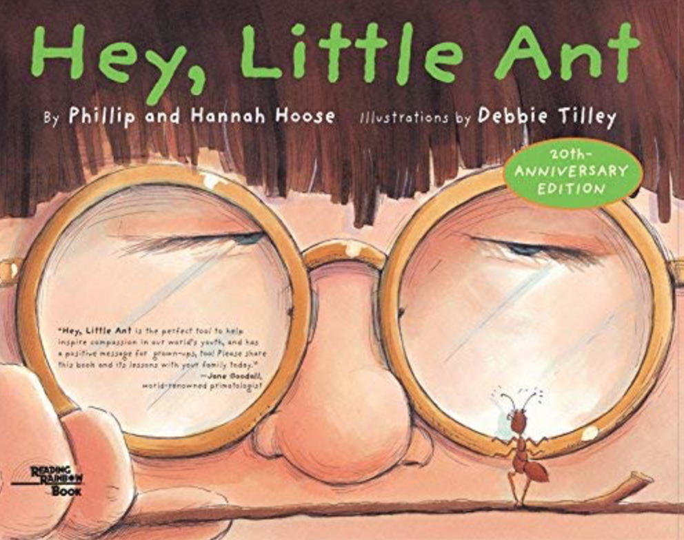 Illustrated book cover for Hey Little Ant with a close-up drawing of a little boy's eyes, glasses and nose. He's peering down at a twig with an ant on it.