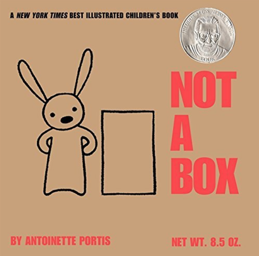 Cover image for Not a Box with a simple line-drawing of a bunny next to a rectangle. The whole cover image is brown, and is meant to look sort of like an actual cardboard box.