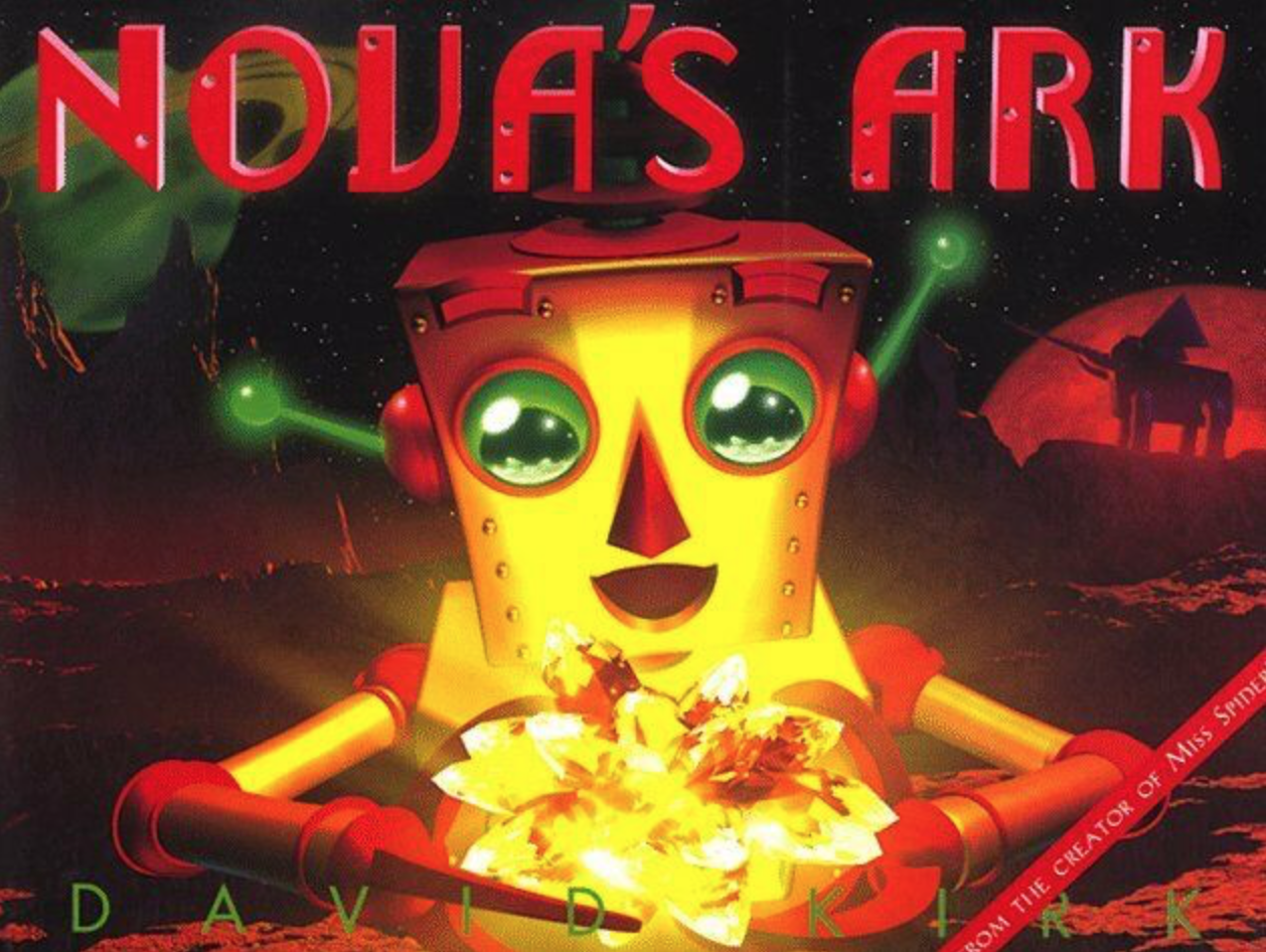 Cover image for Nova's Ark with an illustration of a bright yellow robot with two eyes, a nose and a mouth gazing down at a glowing object in its hands.