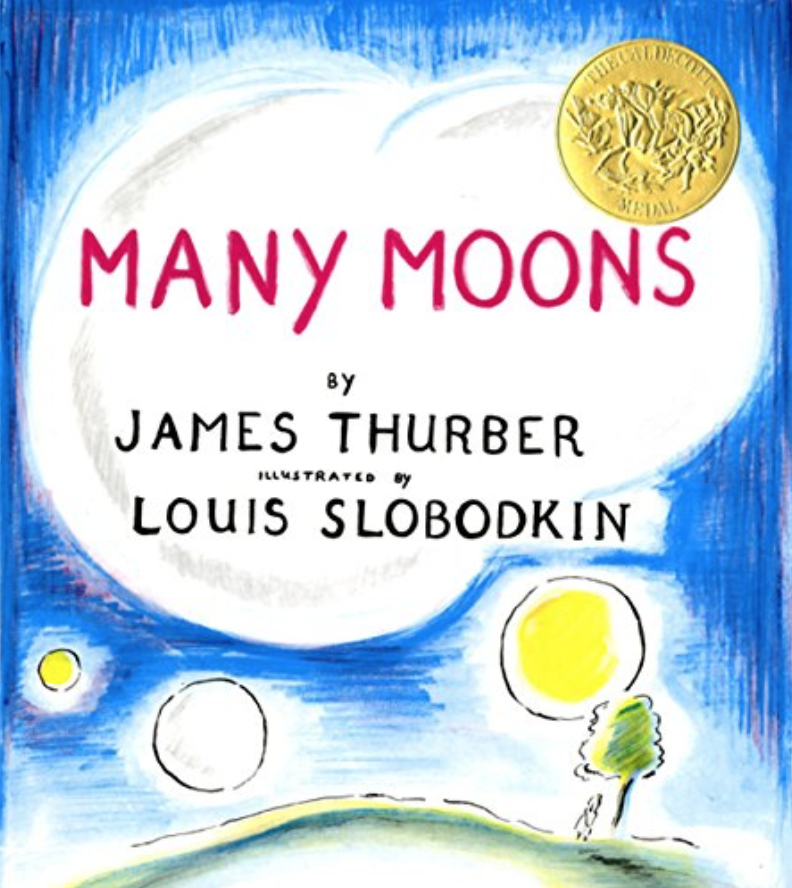 Cover image for Many Moons with a sketched crayon drawing of a dark blue sky with three yellow and white orbs in the sky.