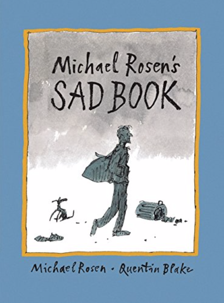 Cover image for Michael Rosen's Sad Book with an illustration in black ink on a grey watercolor background of a man walking along a littered ground.