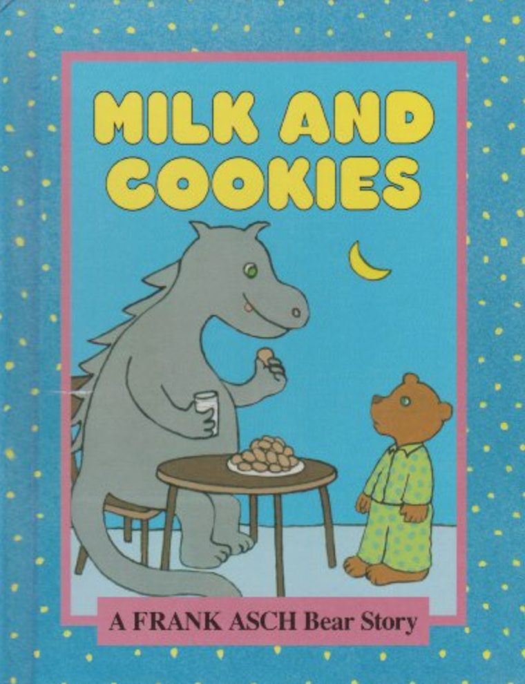 Illustrated book cover for Milk and Cookies featuring a little brown bear watching a gray dragon happily eat a plate of cookies. The dragon is sitting at the table, holding a glass of milk and a cookie. The bear is in green pajamas and looks unhappy.