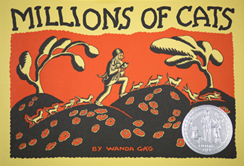 Cover image for Millions of Cats with an illustration of a person walking along the crest of a hill with cats in front walking in a line and cats walking in a line behind.