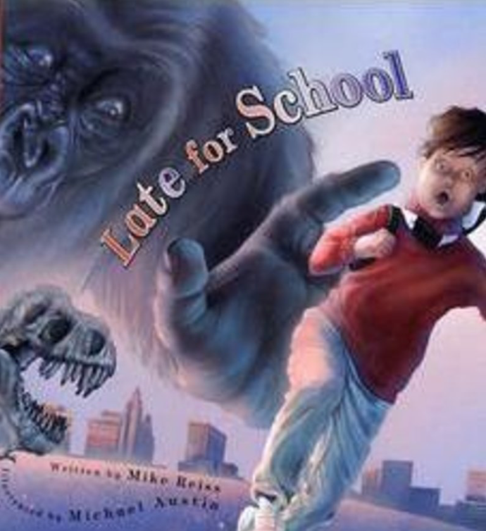 Cover image for Late for School with an illustration of a young white boy running towards the viewer while gripping his backpack strap. Behind him is a giant gorilla's face and hand and a T-Rex skeleton.
