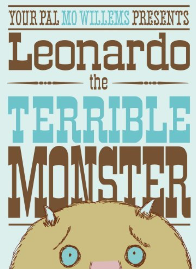 Illustrated book cover for Leonardo the Terrible depicting the top half of a monster's face. He has a round head with fuzzy brown fur, turquoise eyes, and two small horns. He looks worried.