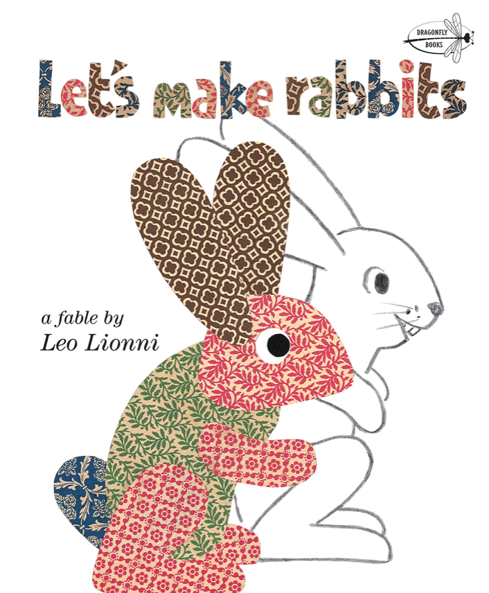 Cover image for Let's Make Rabbits featuring an illustration with two rabbits in profile. One is a black line outlining a smiling white rabbit. The other is a collage of different patterns in the shape of a rabbit.