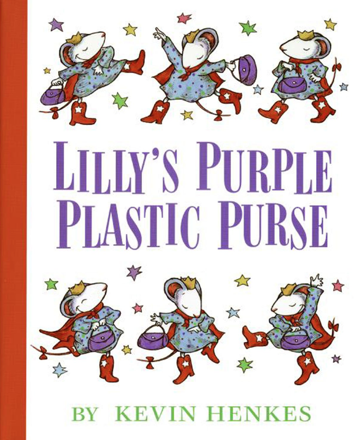 Cover image for Lilly's Purple Plastic Purse with an illustration of the same mouse dressed in a blue dress, red cape and purple purse repeated six times on the cover. The mouse changes positions in each instance, and appears to be dancing.