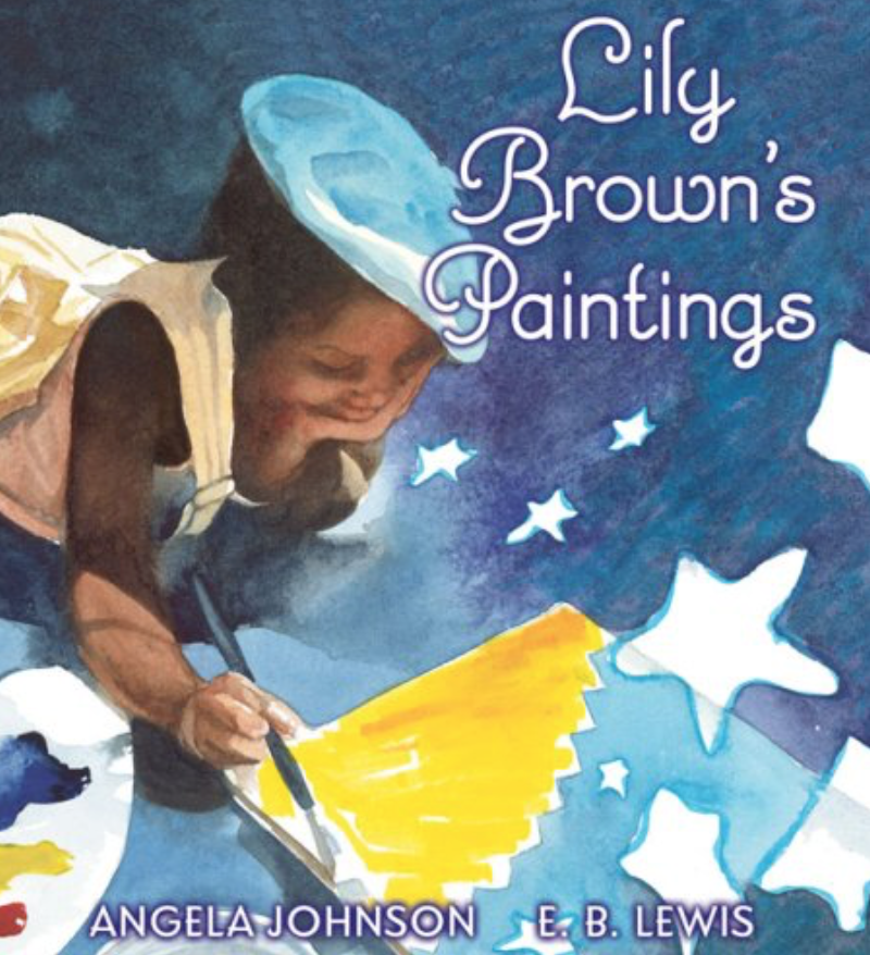 Cover image for Lily Brown's Paintings with a watercolor illustration of a young Black girl with a blue beret and white overalls on the floor painting a yellow sun on a canvas with a brush and watercolors