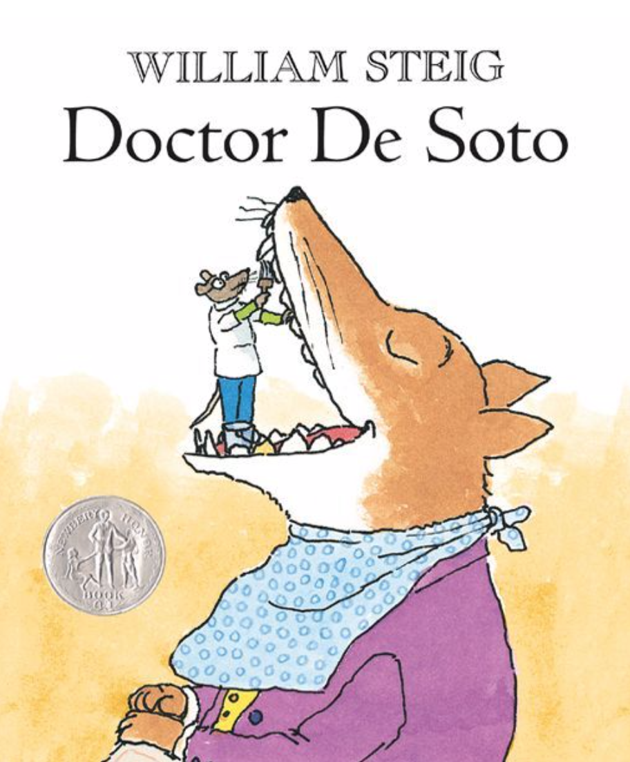 Cover image for Doctor De Soto featuring a colorful illustration of a large wolf with its mouth open as a small mouse in a doctor's coat checks his teeth