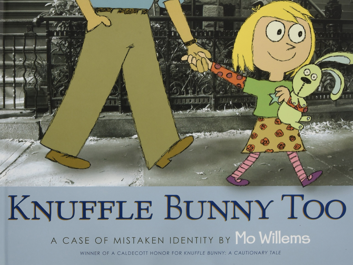 Illustrated book cover for Mo Willems' book Knuffle Bunny Too featuring a school-age girl holding her stuffed bunny. She is walking down the street with her father. She is wearing a colorfully patterned outfit and smiling.