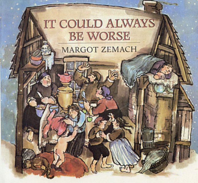 Cover image for Margot Zemach's book It Could Always Be Worse with a cutaway illustration of an old house with one room. It's packed with a large group of people doing all sorts of things, including dancing and sleeping on top of a cabinet.