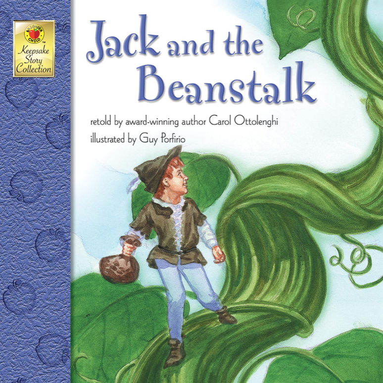 Cover image for the book Jack and the Beanstalk with an illustration of a young white boy with red hair wearing old-fashioned clothes. He's running down a giant curly bean stalk with a bag in his hand. He looks back over his shoulder as he runs.