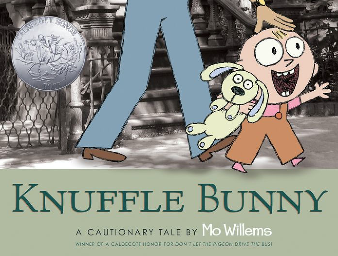 Illustrated book cover for Mo Willems' book Knuffle Bunny featuring an enthusiastic little girl holding her stuffed bunny. She is walking down the street with her father. Only his legs are visible.