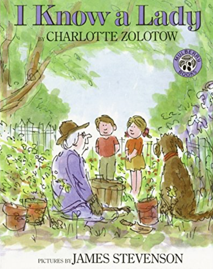 Illustrated book cover for I Know a Lady featuring two children, an old woman, and a dog in a garden. The children face the old woman as she tends to her many plants.