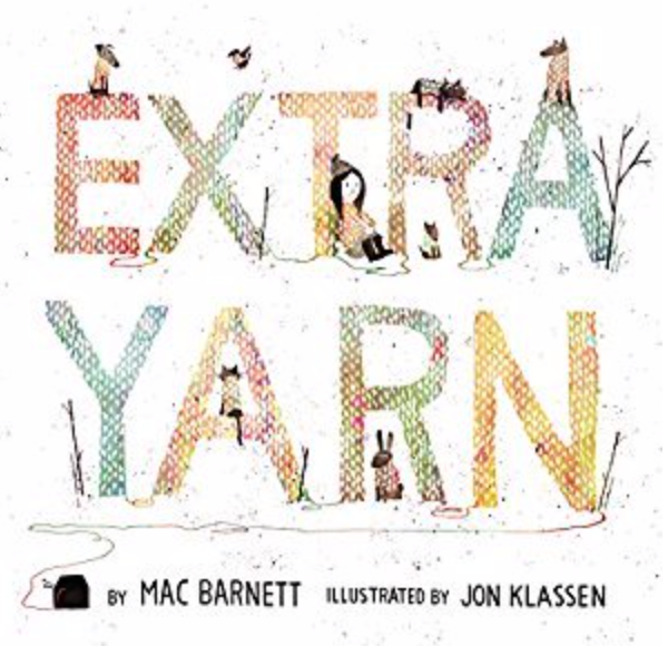 Cover image for Extra Yarn featuring an illustration in which the words "extra" and "yarn" are drawn to look like pieces of yarn. Little figures like rabbits and mice sit on and around the letters