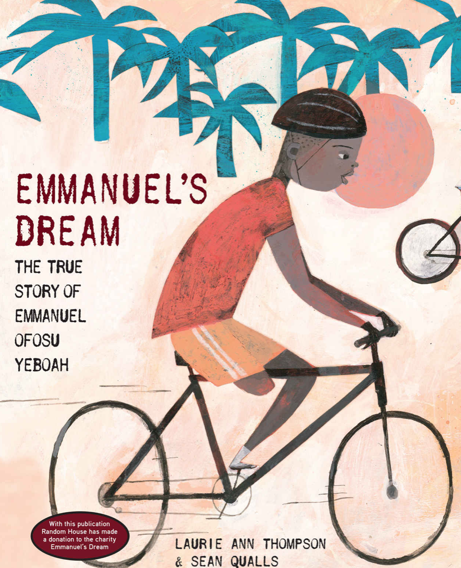Cover image for Emmanuel's Dream featuring a painting of a young Black boy with one leg riding a bicycle. There are palm trees in the background
