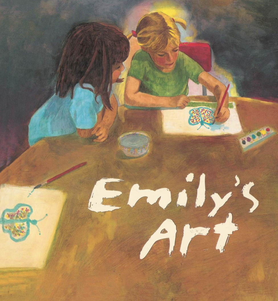 Cover image for Peter Catalanotto's book Emily's Art featuring a painting of a young white girl with yellow hair sitting next to a young white girl with brown hair. The girl with yellow hair is painting a picture while the other girl watches