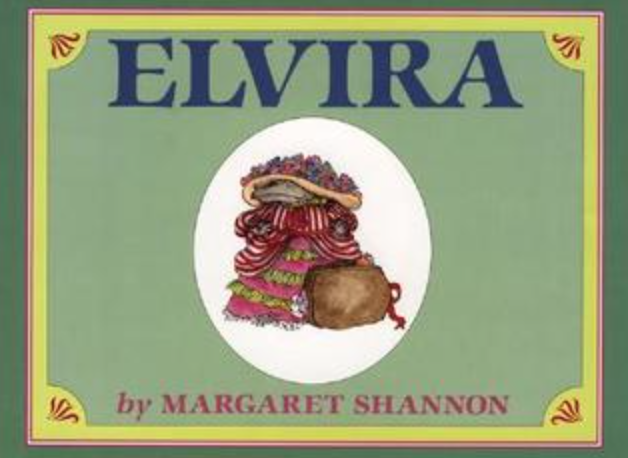 Illustrated book cover for Elvira featuring a dragon wearing a colorful, frilly dress and a flowery hat that covers her eyes. She's carrying a big, brown suitcase overflowing with fabric supplies.