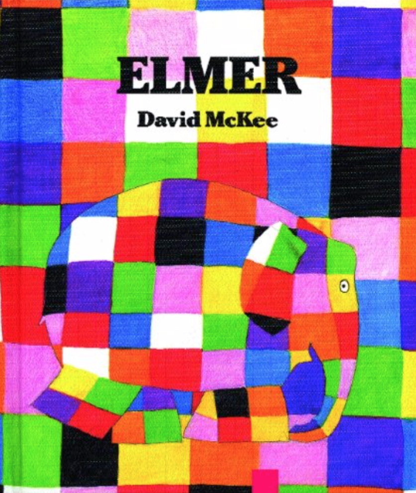 Cover image for Elmer with a grid of multi-colored squares as a backdrop. An elephant with the same grid-like pattern can be discerned in the center of the cover.