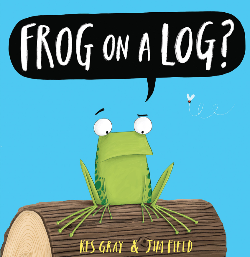 Illustrated book cover for Frog on a Log of a frog sitting on a log. He looks uncomfortable and confused. A fly is buzzing next to him.