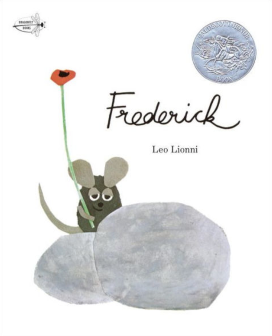Illustrated book cover for Frederick featuring a mouse standing behind two rocks. He has a peaceful expression on his face. He is holding a bright red poppy flower.