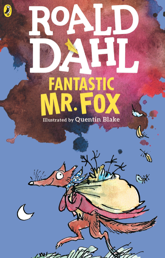 Illustrated book cover for The Fantastic Fox featuring a fox carrying a bag of poultry on his back. He's running over a patch of grass at night, leaving behind a flurry of feathers. He's dressed in a nice suit jacket.