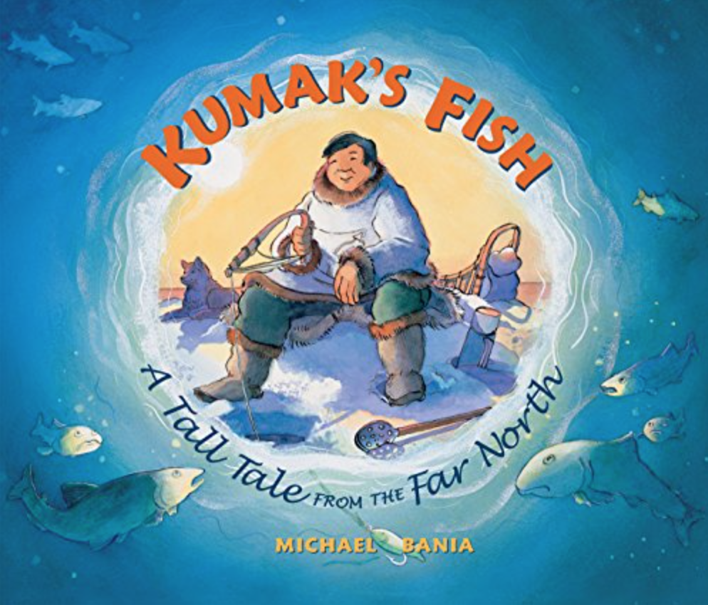 Cover image for the book Kumak's Fish featuring an illustration of a man sitting on some snow and ice. There is a fishing hole cut into the ice in front of him. He holds an indigenous fishing tool to hold a line into the hole. The man is surrounded by fishing equipment.