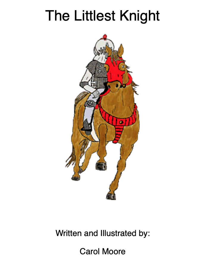 Illustration for The Littlest Knight featuring a brown horse with red harness. A knight in metal armor rides the horse toward the viewer