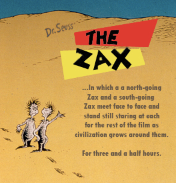Image from the story The Zax that contains a Dr. Seuss illustration of two weird-looking creatures on a large field of sand with footprints in front of and behind them