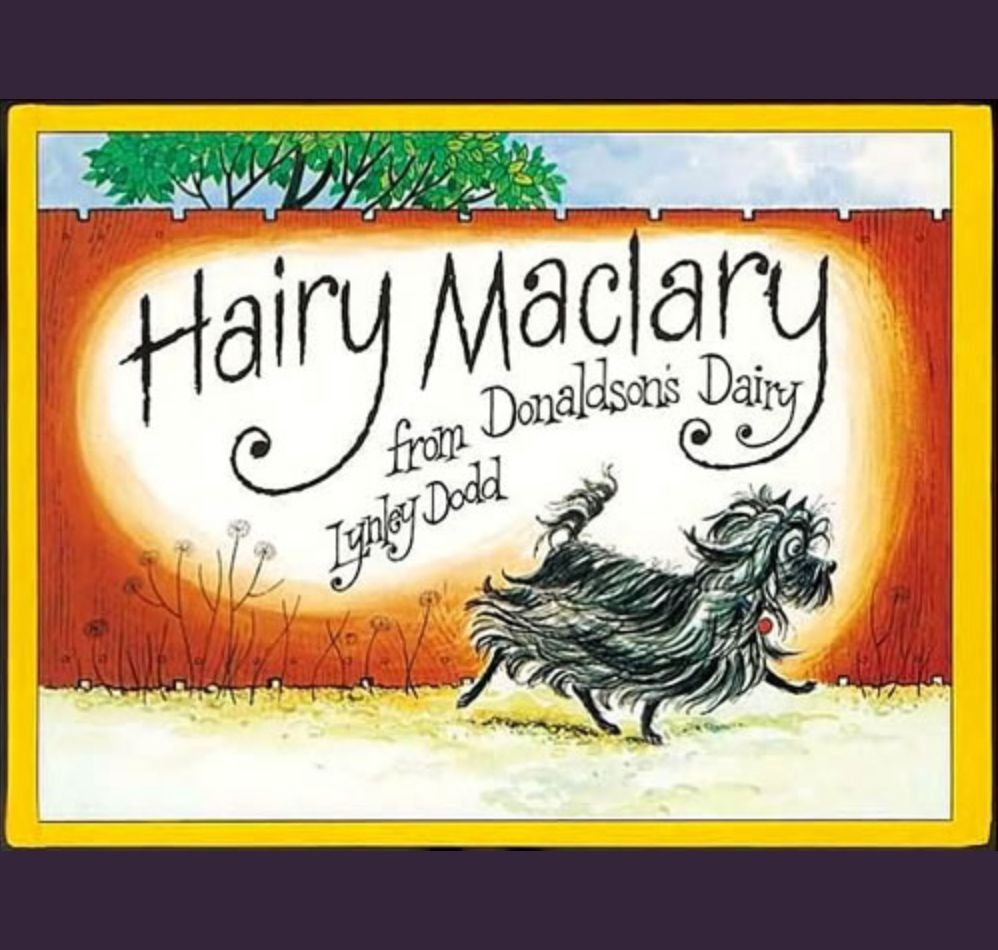 Cover image for Hairy Maclary from Donaldson's Dairy featuring an illustration of a scruffy, small black dog walking perkily along next to a sidewalk wall.