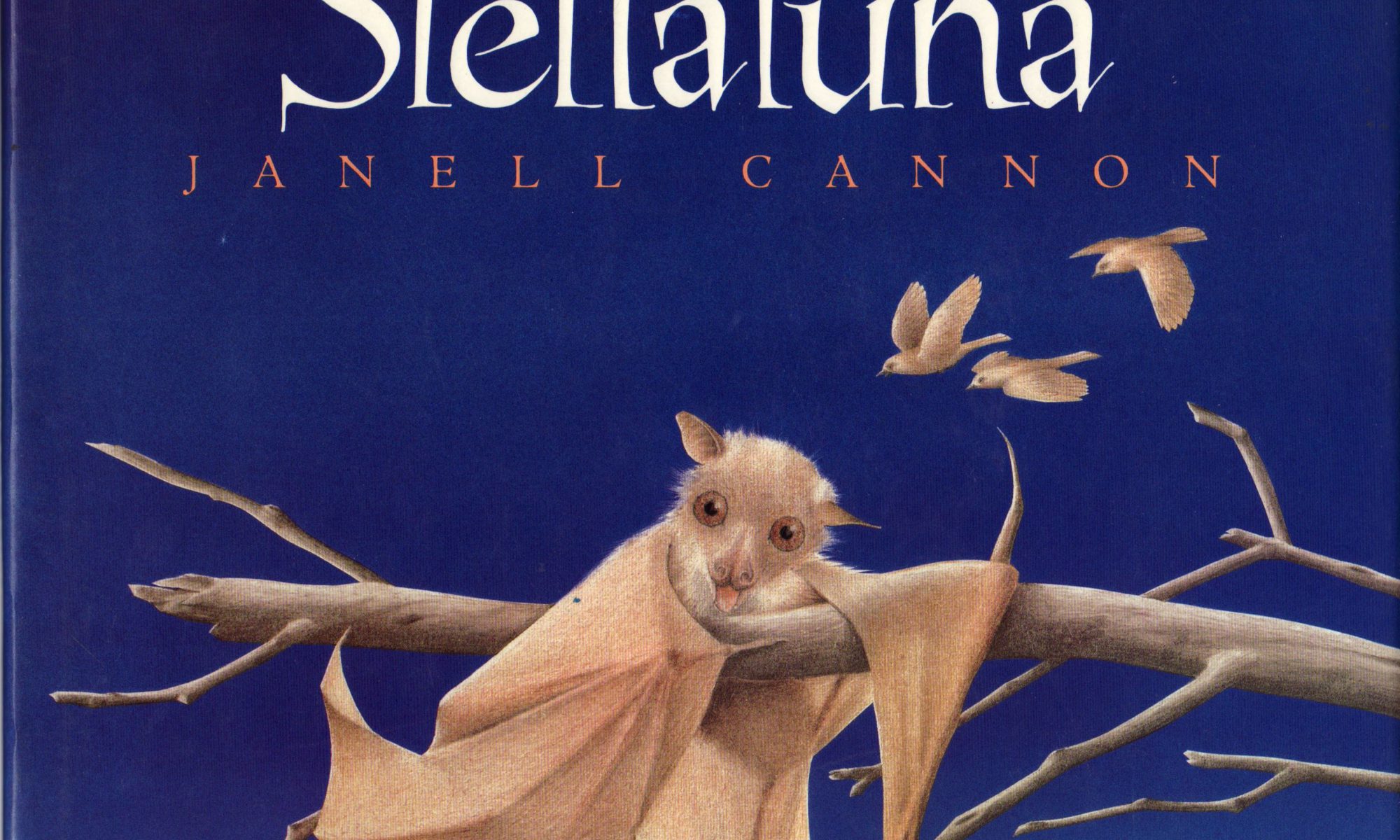 Cover image for Stellaluna with an illustrated of a small brown bat clinging to a tree branch. Three brown birds fly in the sky in the distance