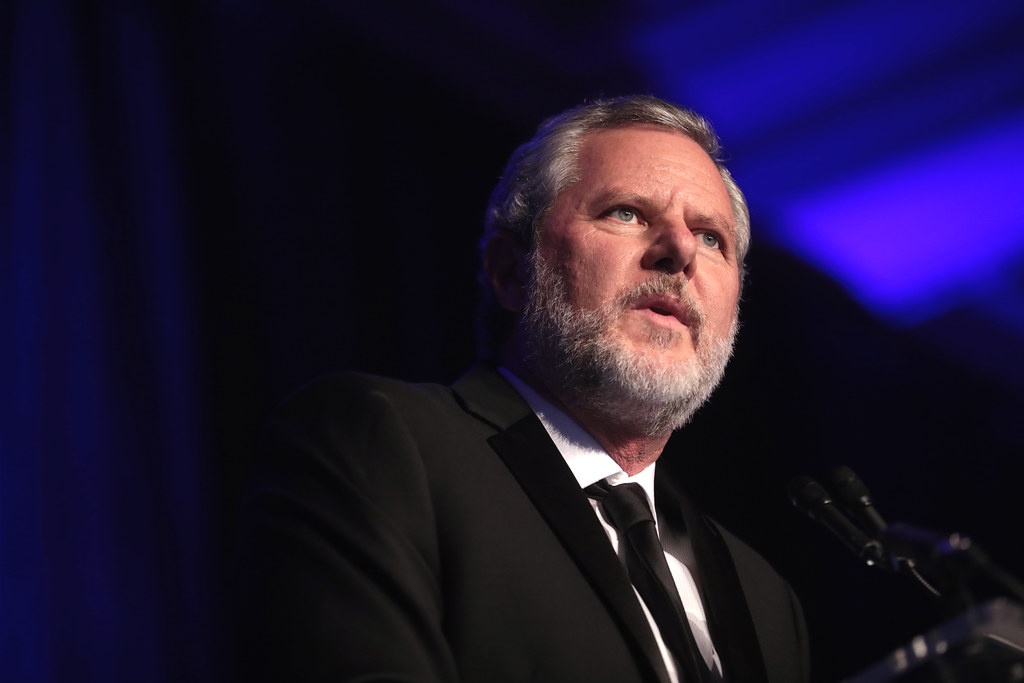 close-up photograph of Jerry Falwell Jr. at speaking engagement