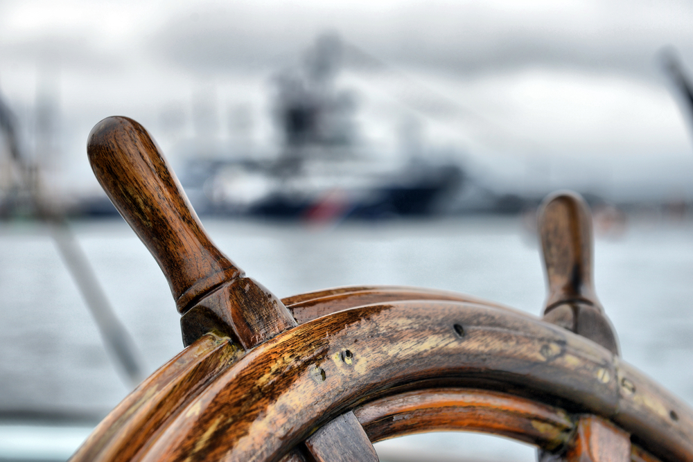 photograph of empty ship helm