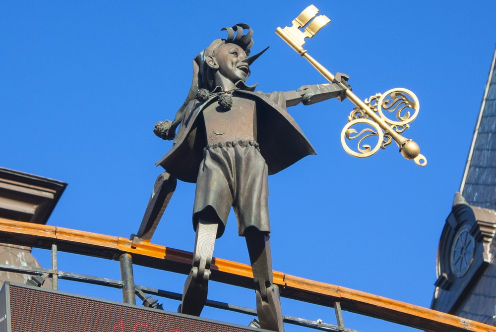 photograph of pinocchio sculpture atop puppet theatre in Kiev