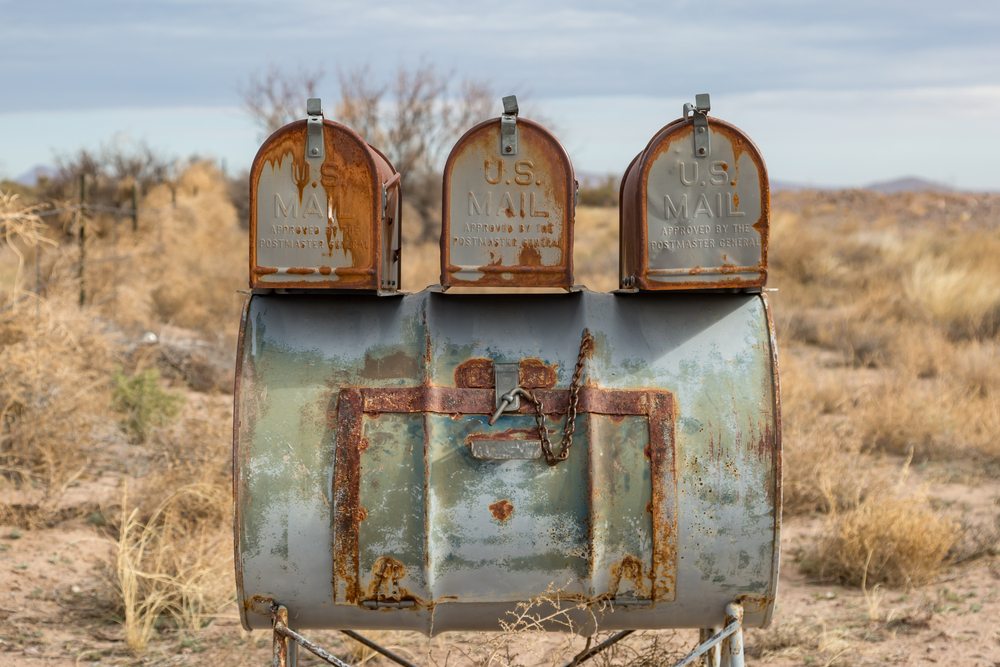 photograph of rusty mail boxes in rural New Mexico