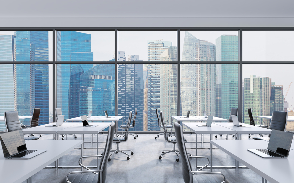 photograph of an empty office looking out over city