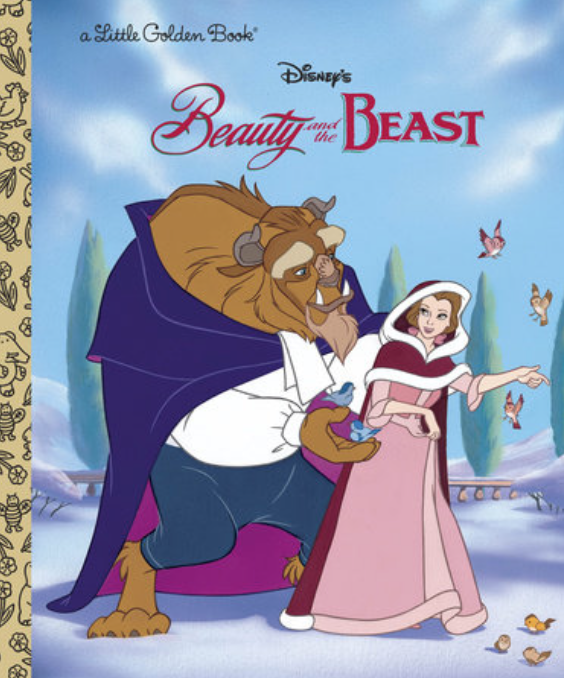 Cover image for the book Beauty and the Beast with a cartoon rendering of a young white woman in a pink and burgundy robe being gently escorted through the snow by a giant beast wearing a purple cape.