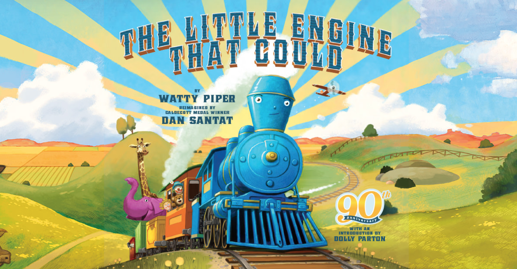 Cover image for The Little Engine That Could with an illustration of a blue engine with a sweet face on her stovepipe at the head of a colorful train filled with toys and animals. Behind the train is a beautiful landscape.