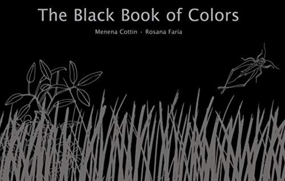 Cover image for The Black Book of Colors of an illustration of an all-black background with gray leaves and grass blades at the bottom.