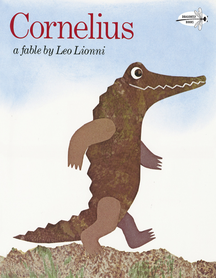 Cover image for Cornelius featuring a cut-out paper illustration of a brown crocodile. He appears to be smiling and is standing on his hind legs and walking!