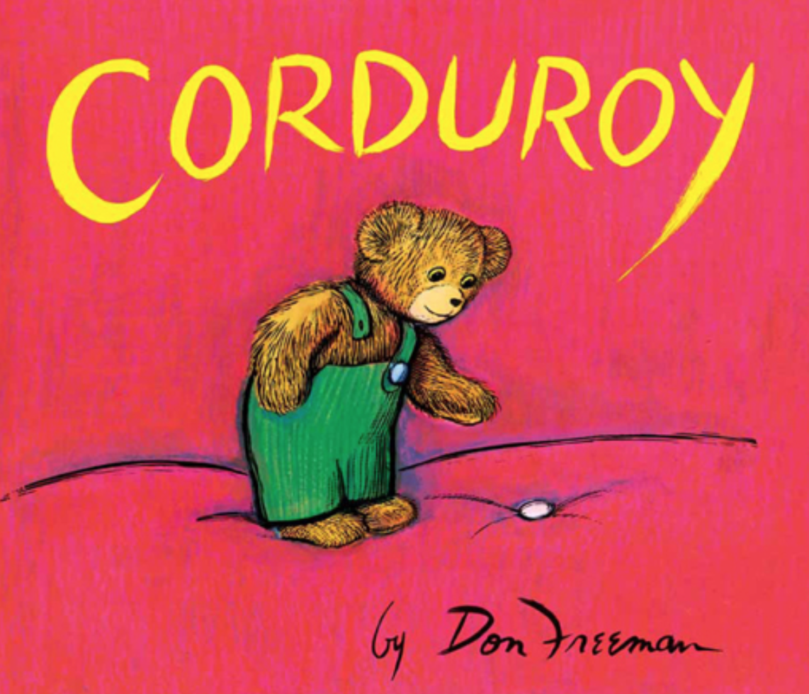 Cover image for Corduroy with an illustration of a brown teddy bear dressed in a pair of green overalls standing on a red couch. The bear's overalls are missing one button, and he is reaching down to pluck a button from the couch cushion.