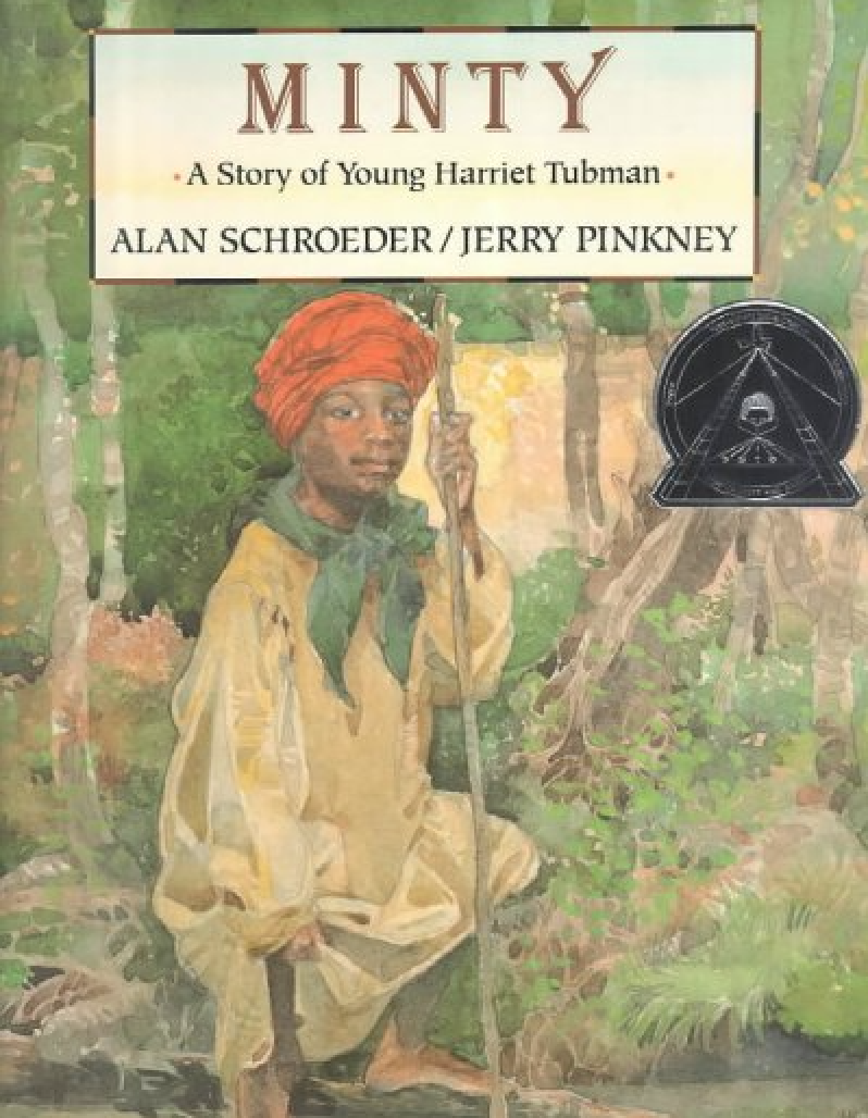 Cover image for the book Minty with an illustration of a young Black girl in nineteenth-century clothing. She's wearing a red turban, a green scarf and a white tunic. She holds a walking staff in one hand and uses her other hand to protect her tunic from the ground. She is in a wooded area.