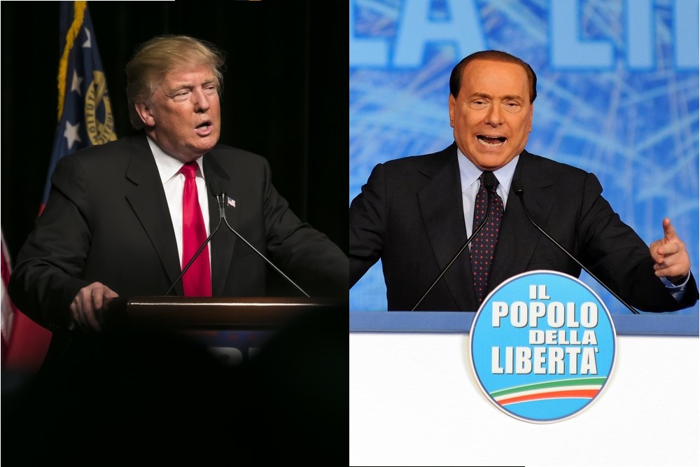 two photographs: 1 of Donald Trump and the other of Silvio Berlusconi speaking at podiums