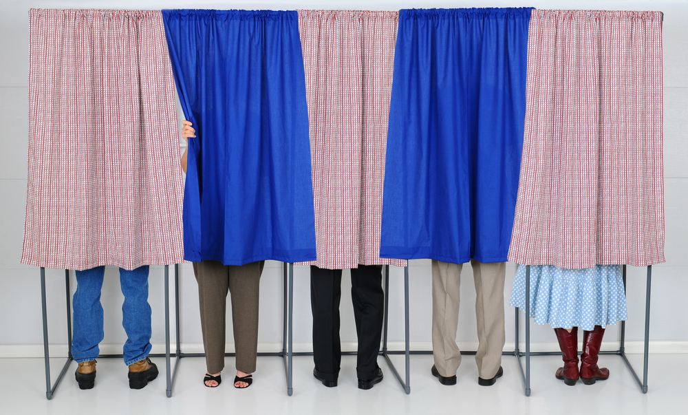 photograph of people in voting booths