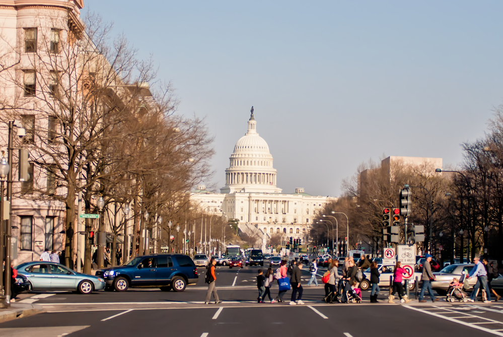 photograph of downtown Washington D.C. with Capitol building in background