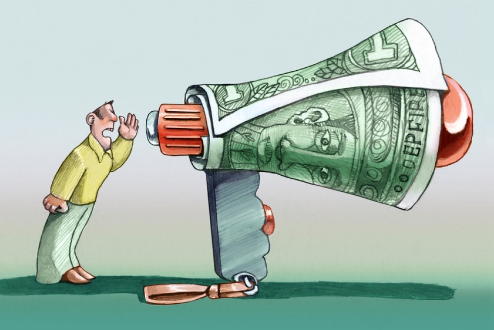 cartoon image of man speaking into megaphone made of money